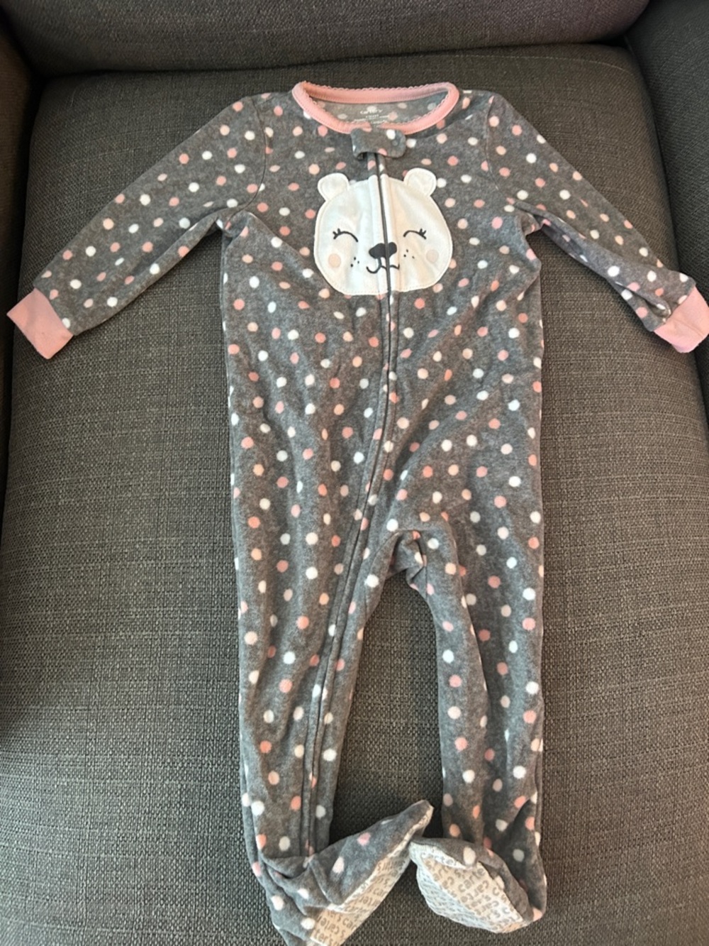 Carter's Gray Footed One-Piece with Pink and White Polka Dots and Bear Applique